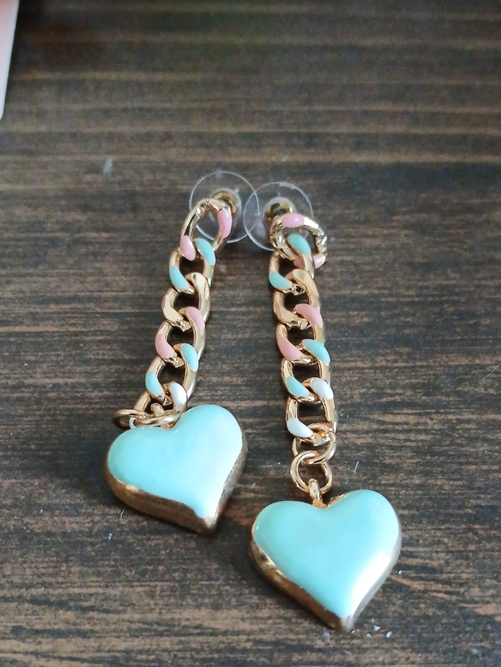 Gold-Tone Chain Drop Earrings with Pastel Blue Heart Charms